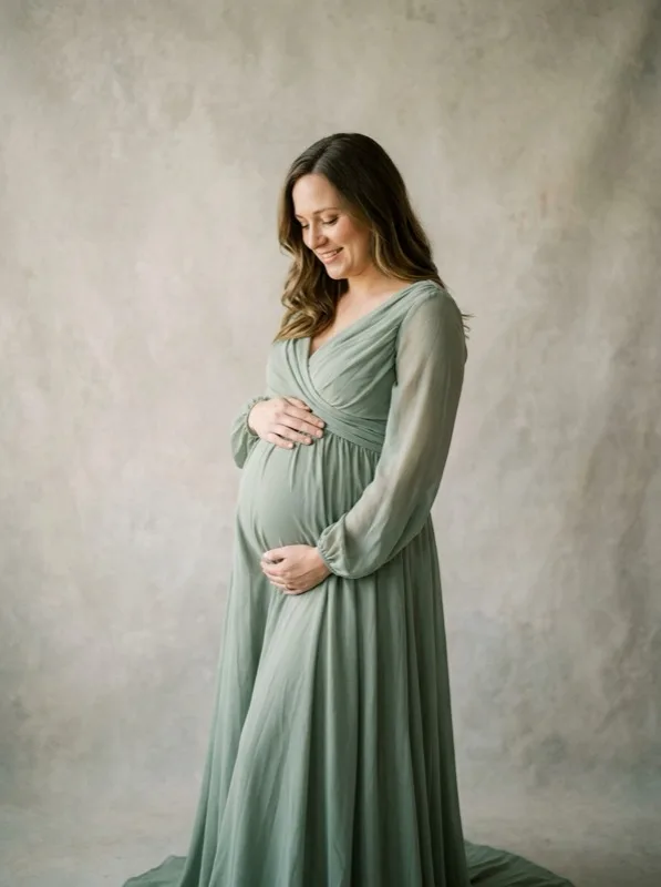 Schwangere Frau im salbeigrünen Kleid, Hände am Bauch, heller Hintergrund