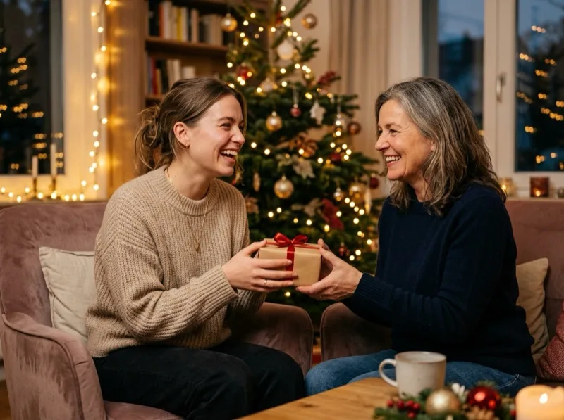 Mutter und Tochter lachen beim Geschenk am Weihnachtsbaum